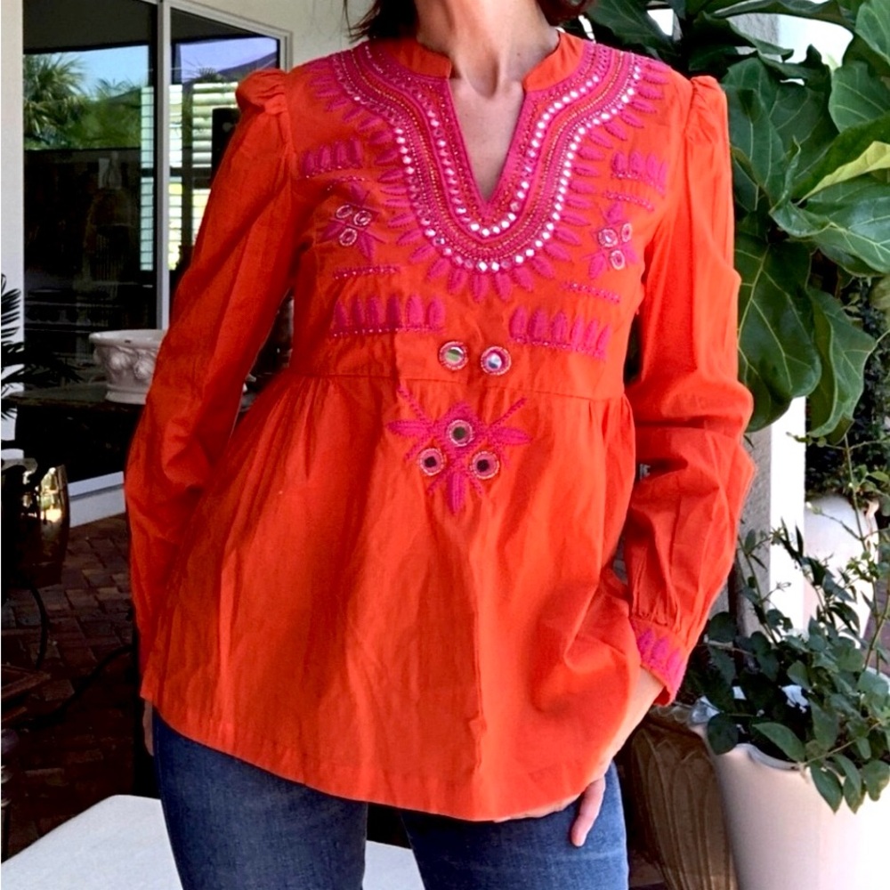 TORY BURCH boho cotton embroidered baby doll long sleeve top orange size 4